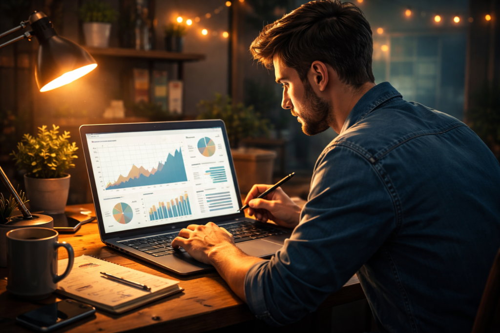 Small business owner analyzing digital marketing performance charts on a laptop screen.