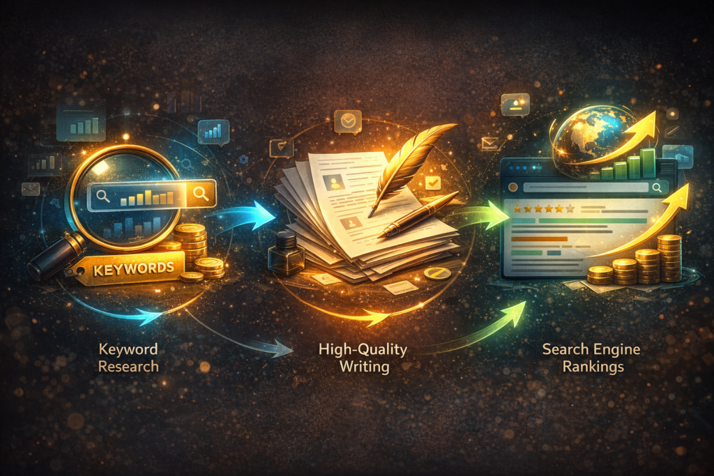 A digital graphic showing the connection between keyword research, high-quality writing, and search engine rankings.