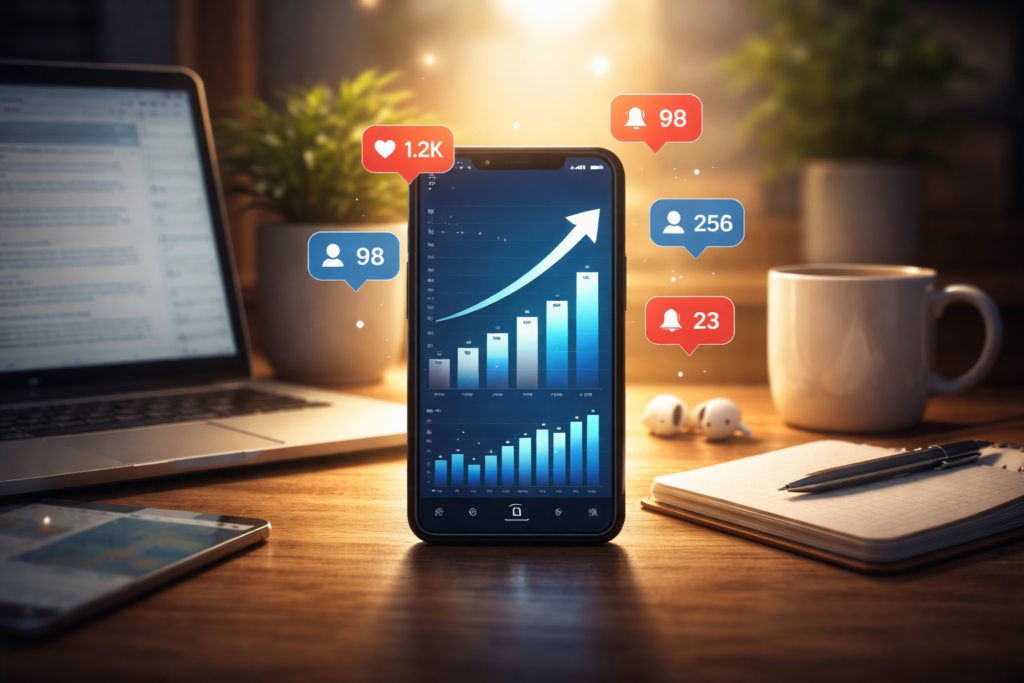 Social Media Marketing Tips to Grow Your Brand on Instagram, Facebook & TikTok A modern workspace with a smartphone displaying social media notification icons and engagement growth charts.