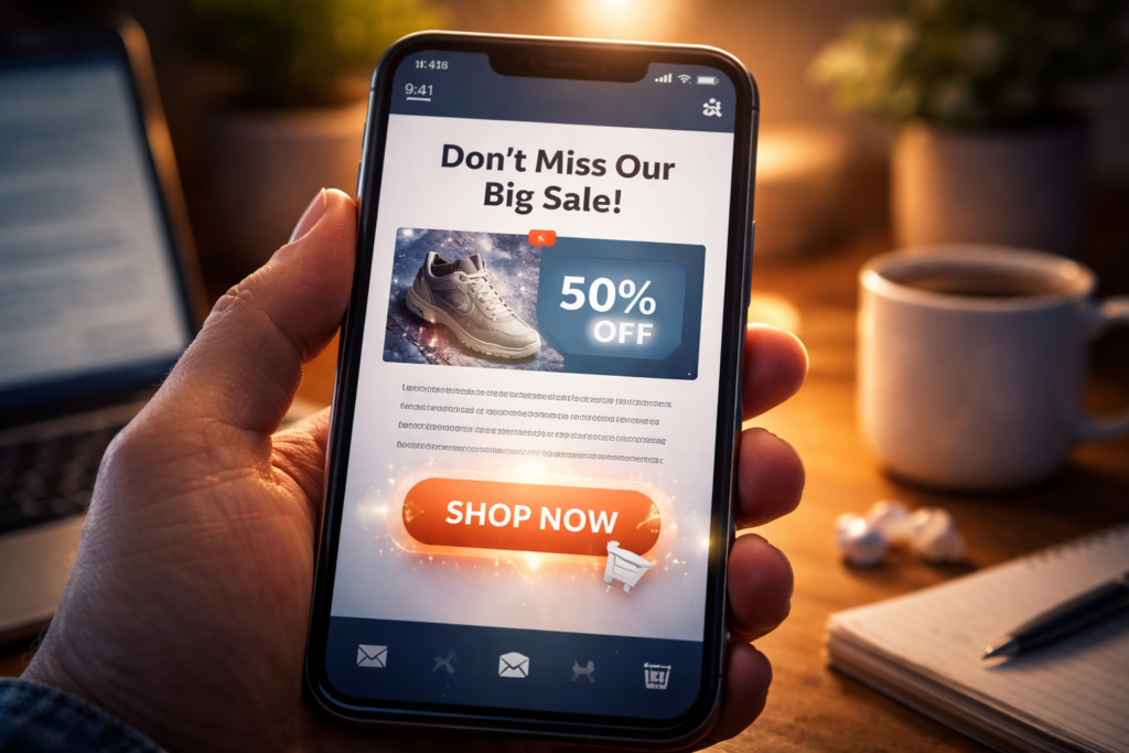 Close-up of a high-converting marketing email displayed on a smartphone screen with a clear call-to-action button.