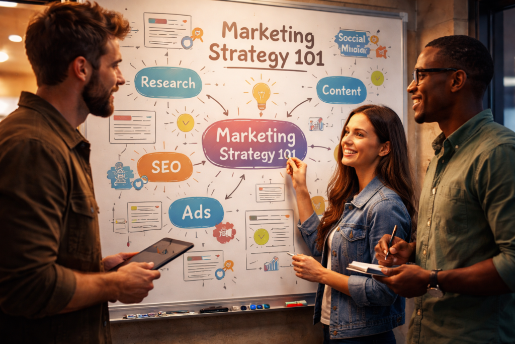 Marketing Strategy 101: How to Build a Winning Plan That Actually Converts A team collaborating on a whiteboard, outlining concepts for Marketing Strategy 101.