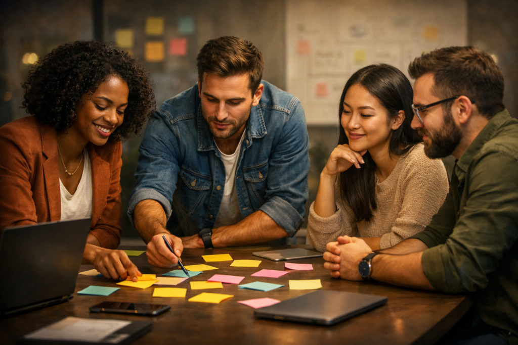 A diverse team of modern entrepreneurs brainstorming business ideas around a conference table with laptops and sticky notes.