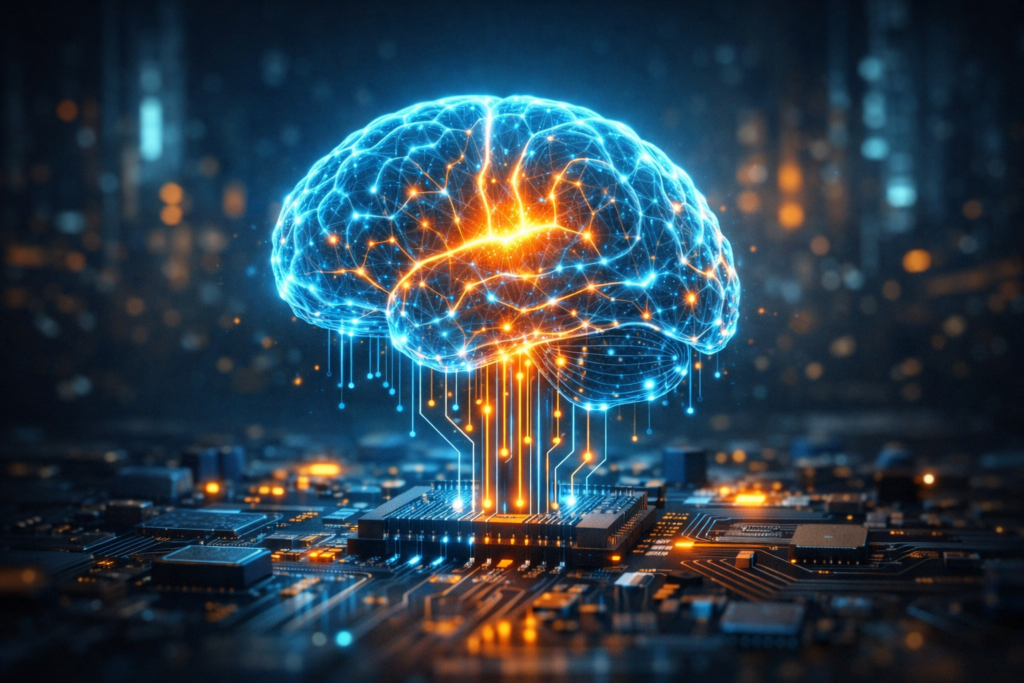 What Is Artificial Intelligence? Understanding the Tech Shaping Our Future A glowing digital brain connected to a circuit board representing artificial intelligence.