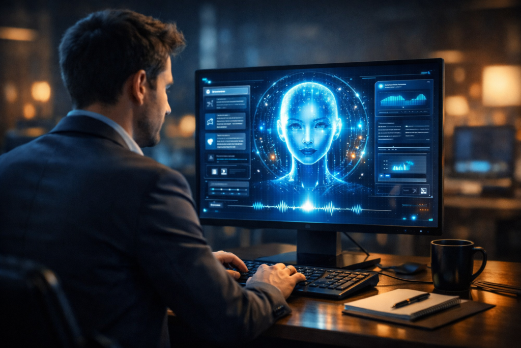 A professional working confidently at a desk with a glowing AI assistant interface on their computer screen.