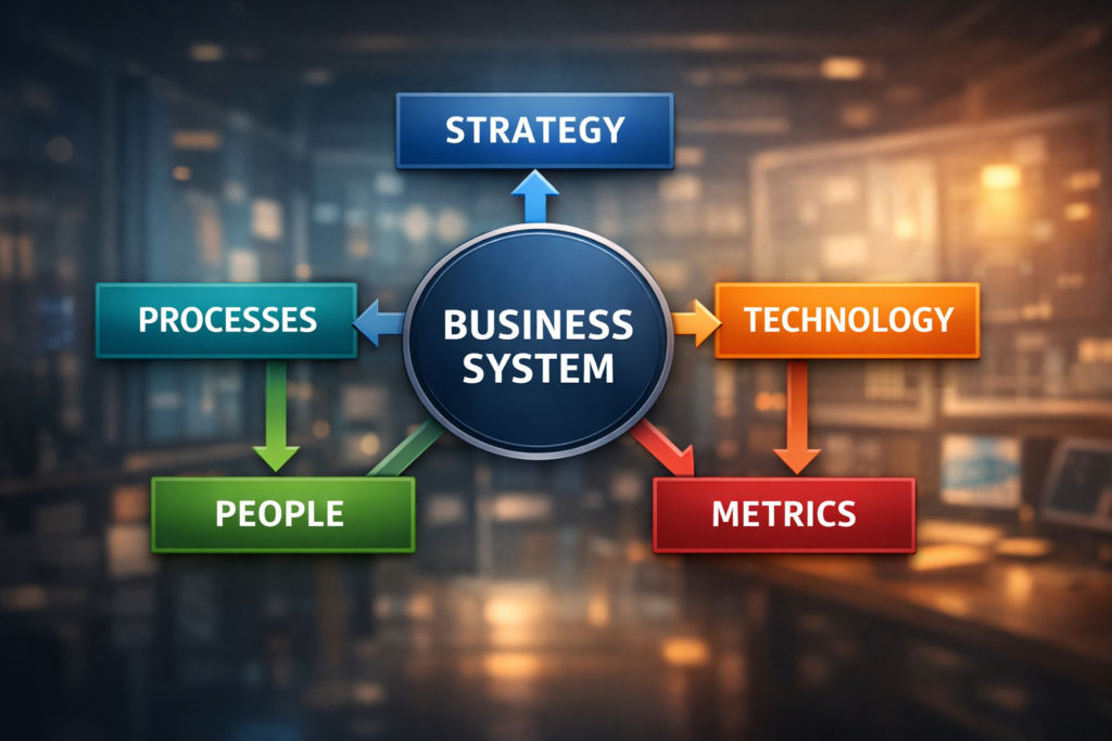 A professional framework diagram showing the five fundamental parts of a business system.