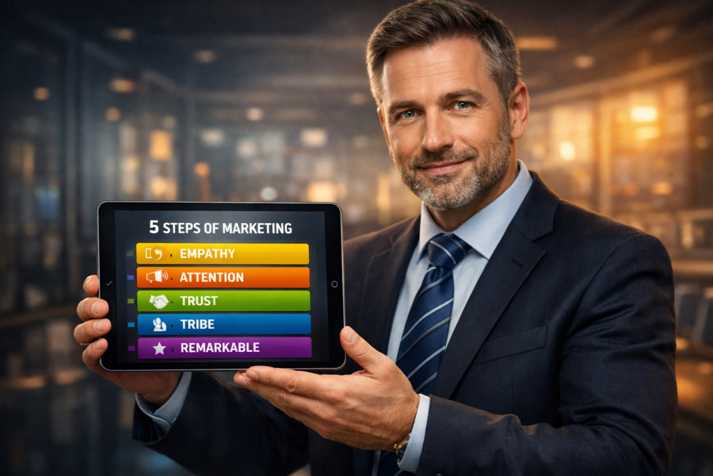 Professional business strategist presenting Seth Godin's five steps of marketing on a clean, modern digital tablet.