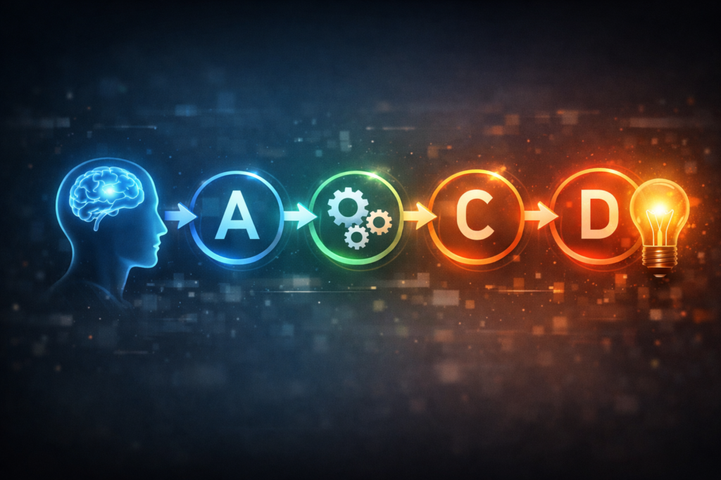IQ vs. Problem-Solving: The True Metric of Intelligence A sleek, conceptual flowchart representing the A-B-C-D logical chain of human intelligence.