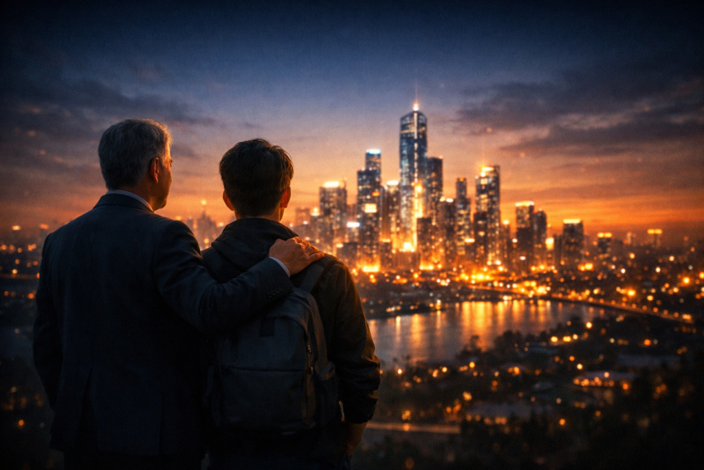 A professional mentor and student looking toward a distant, illuminated city skyline, symbolizing opportunity and mentorship.