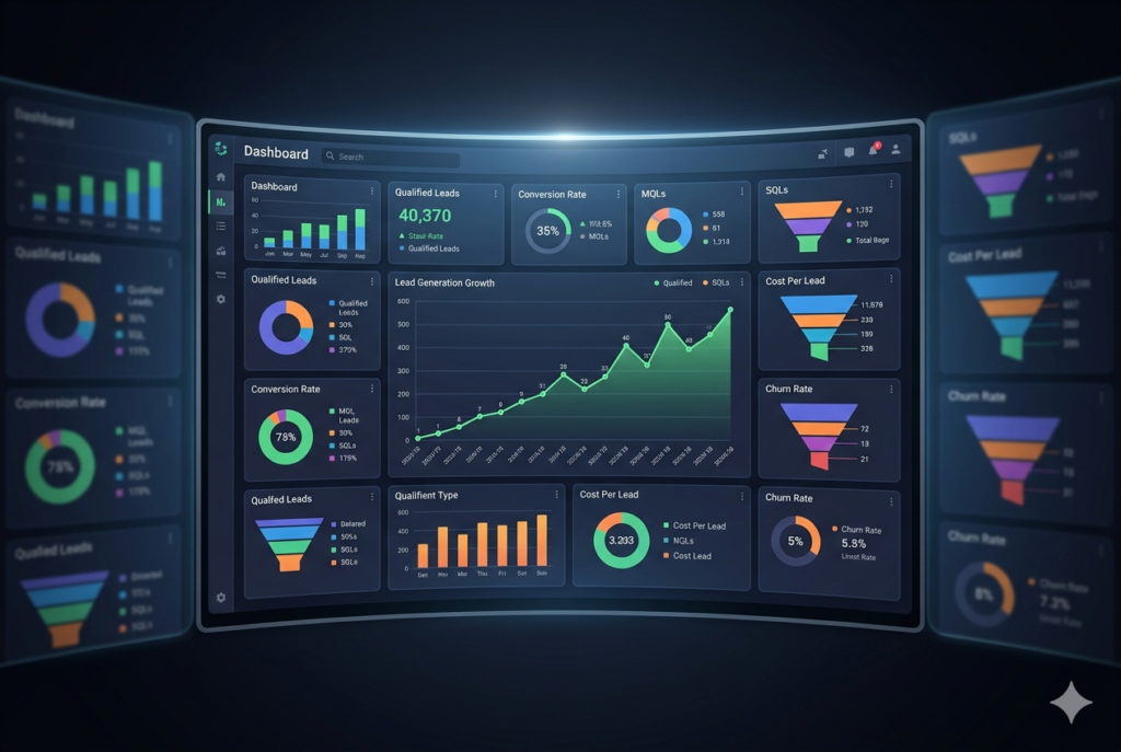 Master B2B Marketing Strategies: Top Lead Generation Tactics for SaaS Companies A digital marketing dashboard showing lead generation growth and analytics for a B2B SaaS company