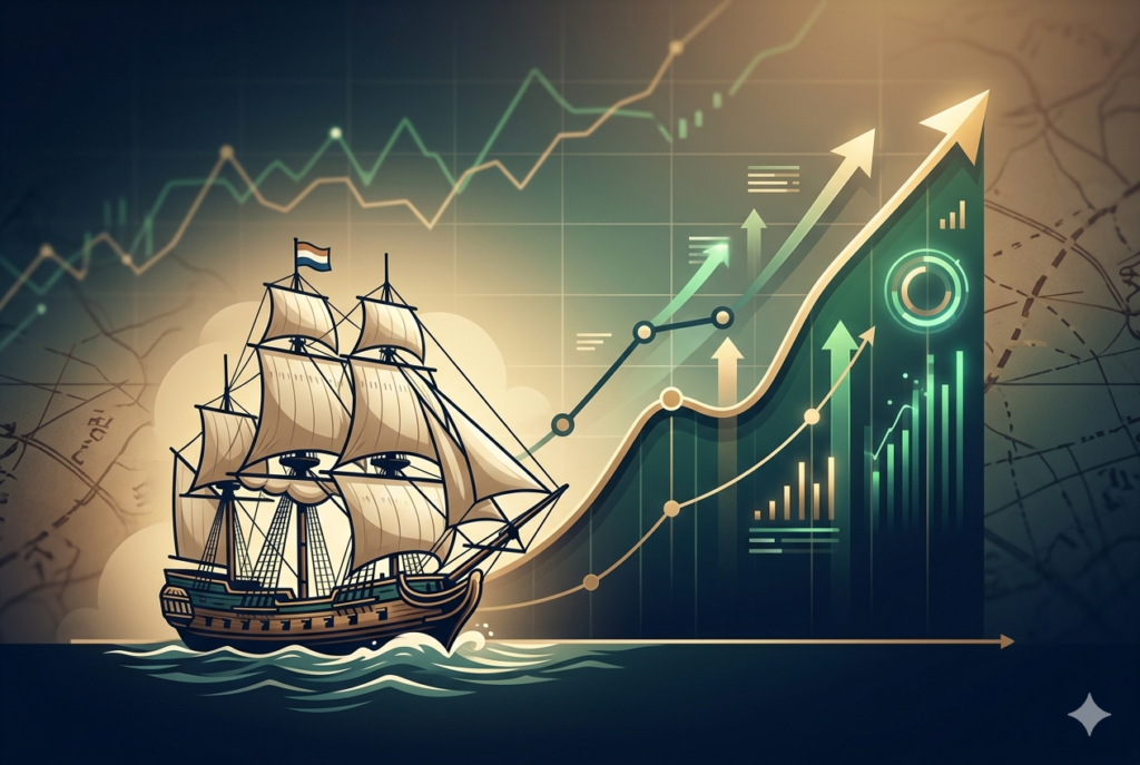 Demystifying the Stock Market: A Beginner’s Guide to Investing and How It Works A modern, minimalist illustration showing a rising financial stock chart and a historical Dutch sailing ship, representing the evolution of the stock market.