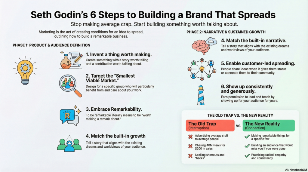 Professional business strategist presenting Seth Godin's five steps of marketing on a clean, modern digital tablet.