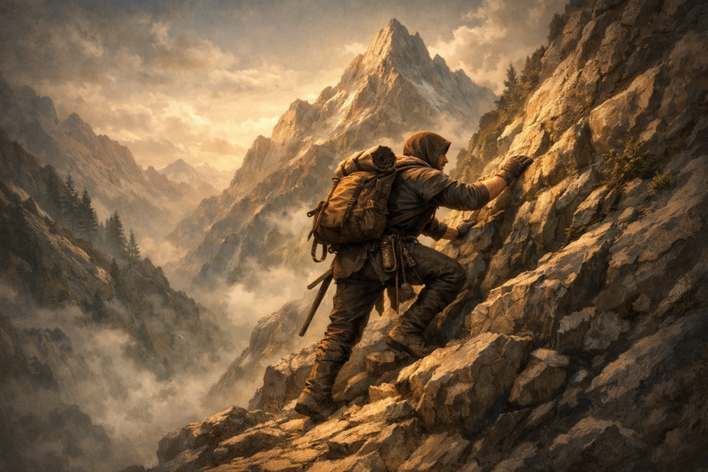 A determined person climbing a steep mountain path, representing active effort and true patience.