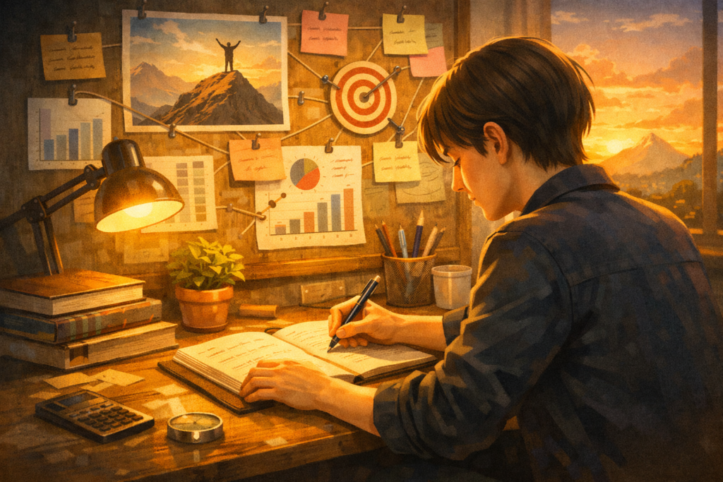 A focused individual taking notes and planning their goals, representing personal growth, mindset transformation, and success.