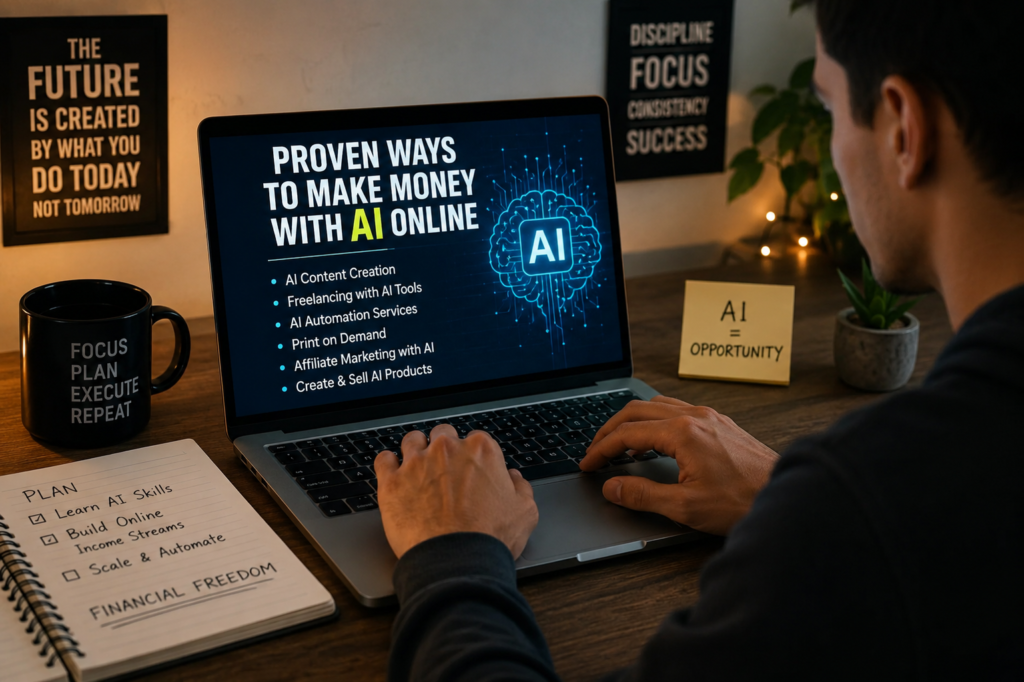 A person working on a laptop exploring proven ways to make money with AI online.