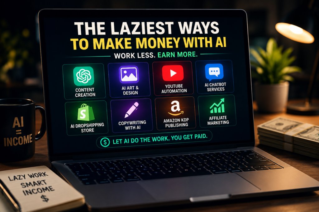 Laptop showing AI app icons representing the laziest ways to make money with AI