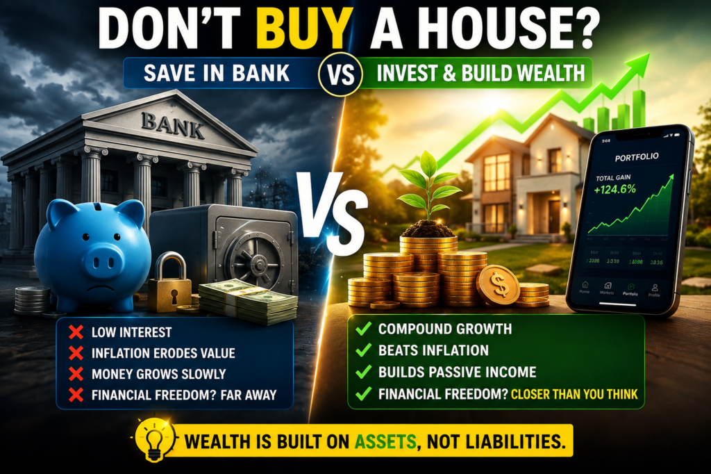 Don’t Buy a House? Why Saving Money Might Be Making You Poorer Illustration comparing saving money in a bank versus investing, symbolizing the "don't buy a house" wealth-building debate