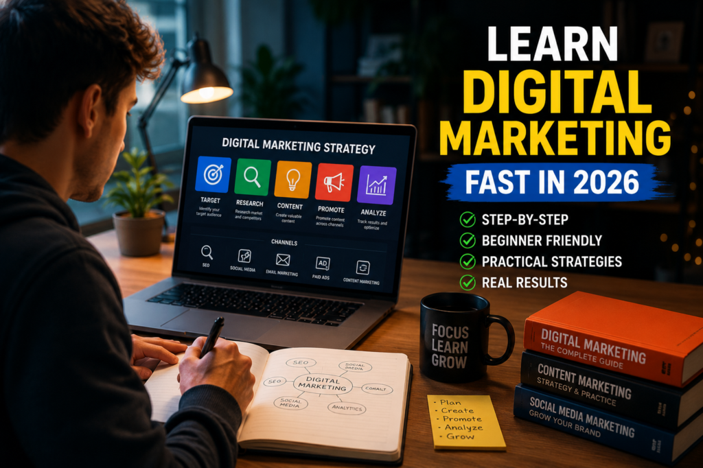 How to Learn Marketing Fast in 2026: A Beginner’s Roadmap to a High-Income Career Beginner learning digital marketing strategy on a laptop, illustrating how to learn marketing fast in 2026