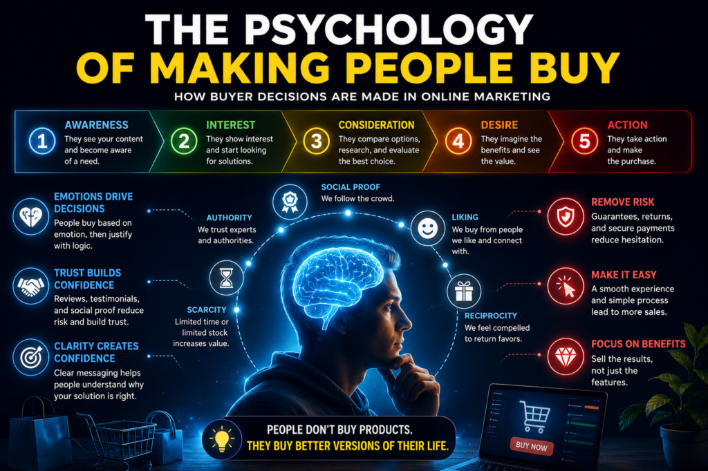 Illustration showing the psychology of making people buy, representing buyer decision-making in online marketing.
