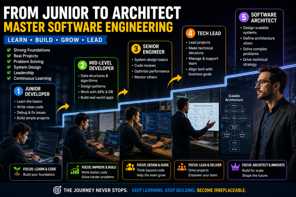 From Junior to Architect: A Practical Roadmap to Mastering Software Engineering Software engineer progressing from junior developer to architect role, illustrating how to master software engineering