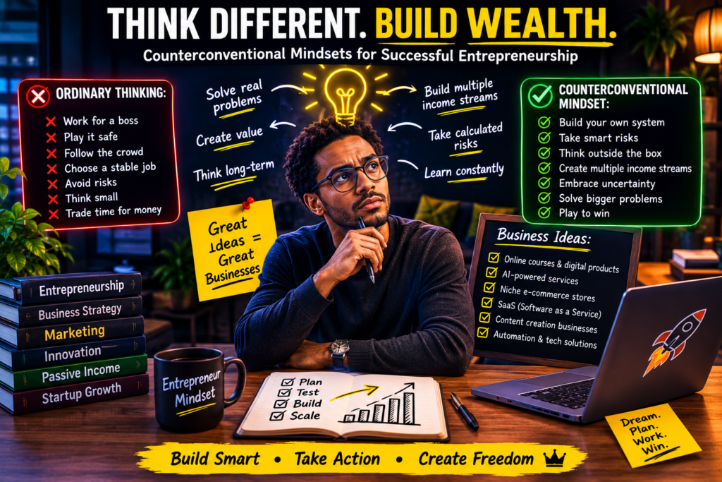 Entrepreneur brainstorming business ideas, illustrating counterconventional mindsets for successful entrepreneurship