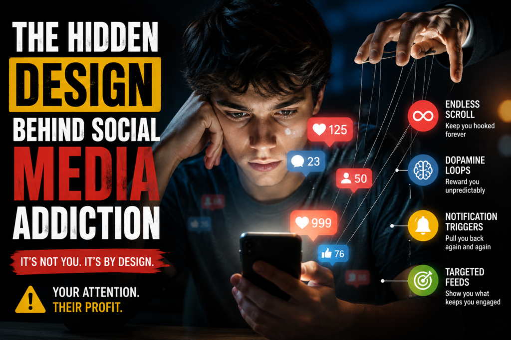 The Hidden Design Behind Social Media Addiction (And How to Use These Platforms Without Losing Yourself) Person looking at phone with social media notifications, illustrating the hidden design behind social media addiction