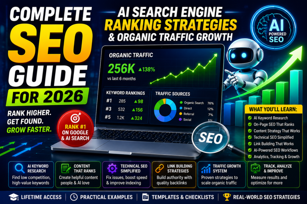 Complete SEO course guide for 2026 showing AI search engine ranking strategies and organic traffic growth