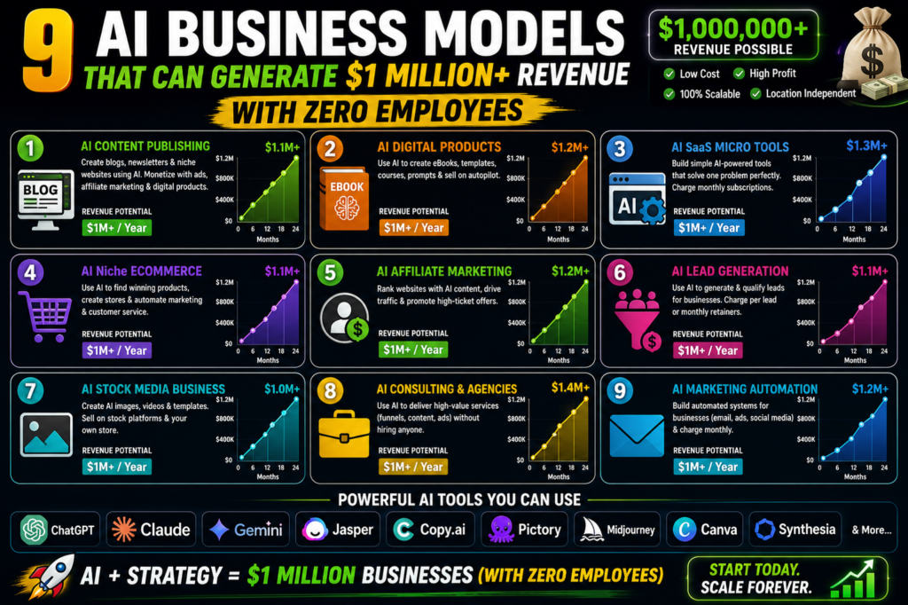 9 AI business models that can generate $1 million revenue with zero employees showing growth charts and AI tools