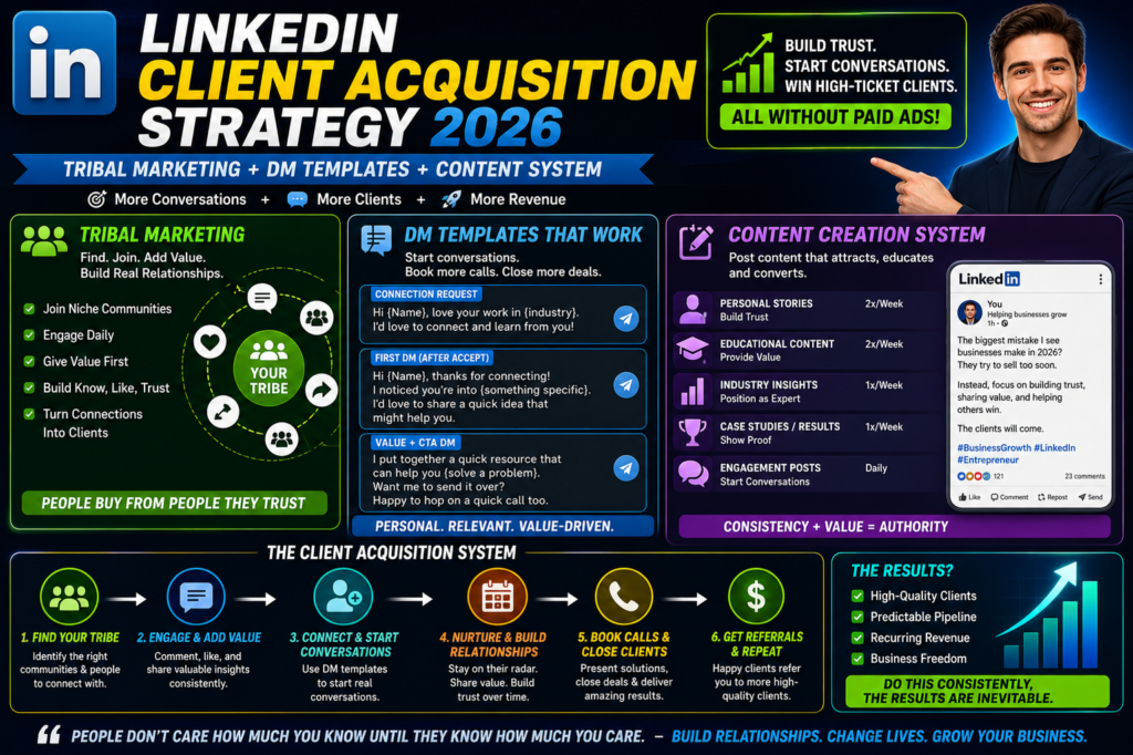 LinkedIn client acquisition strategy showing tribal marketing, DM templates, and content creation system for 2026