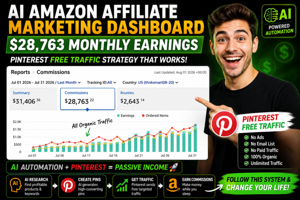 AI Amazon affiliate marketing dashboard showing $28,763 monthly earnings with Pinterest free traffic strategy