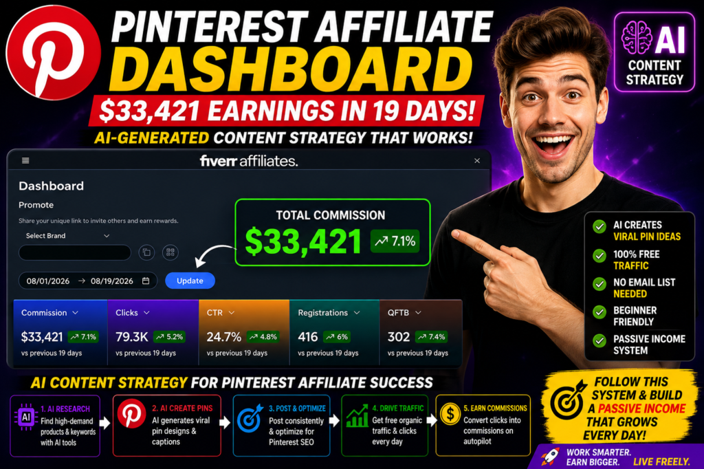 How I Made $33,421 in 19 Days With Pinterest Affiliate Marketing Using AI (Zero Ads) Pinterest affiliate dashboard showing $33,421 earnings in 19 days with AI-generated content strategy